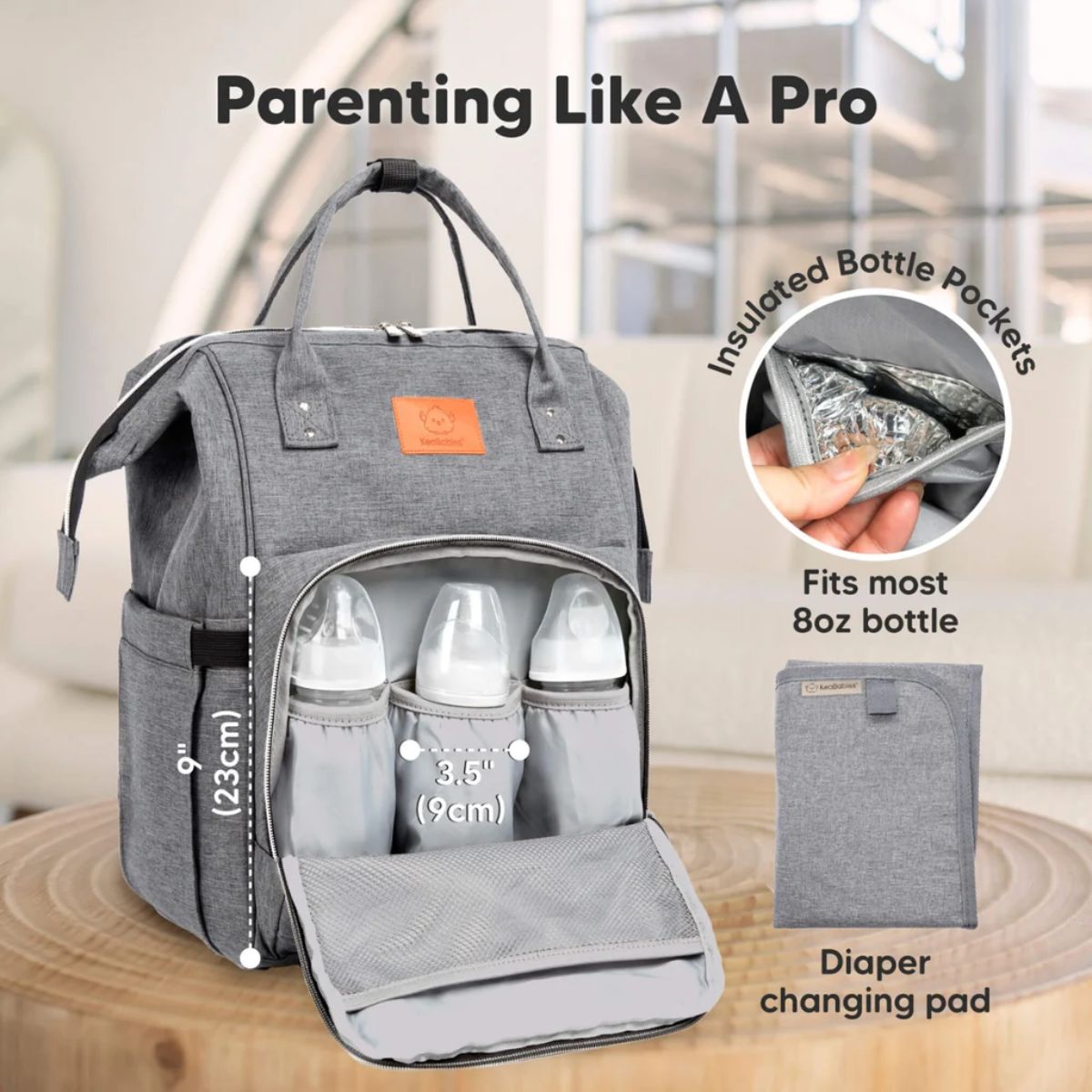 KeaBabies Original Diaper Bag Backpack - Classic Grey - Easy Access When You Need It