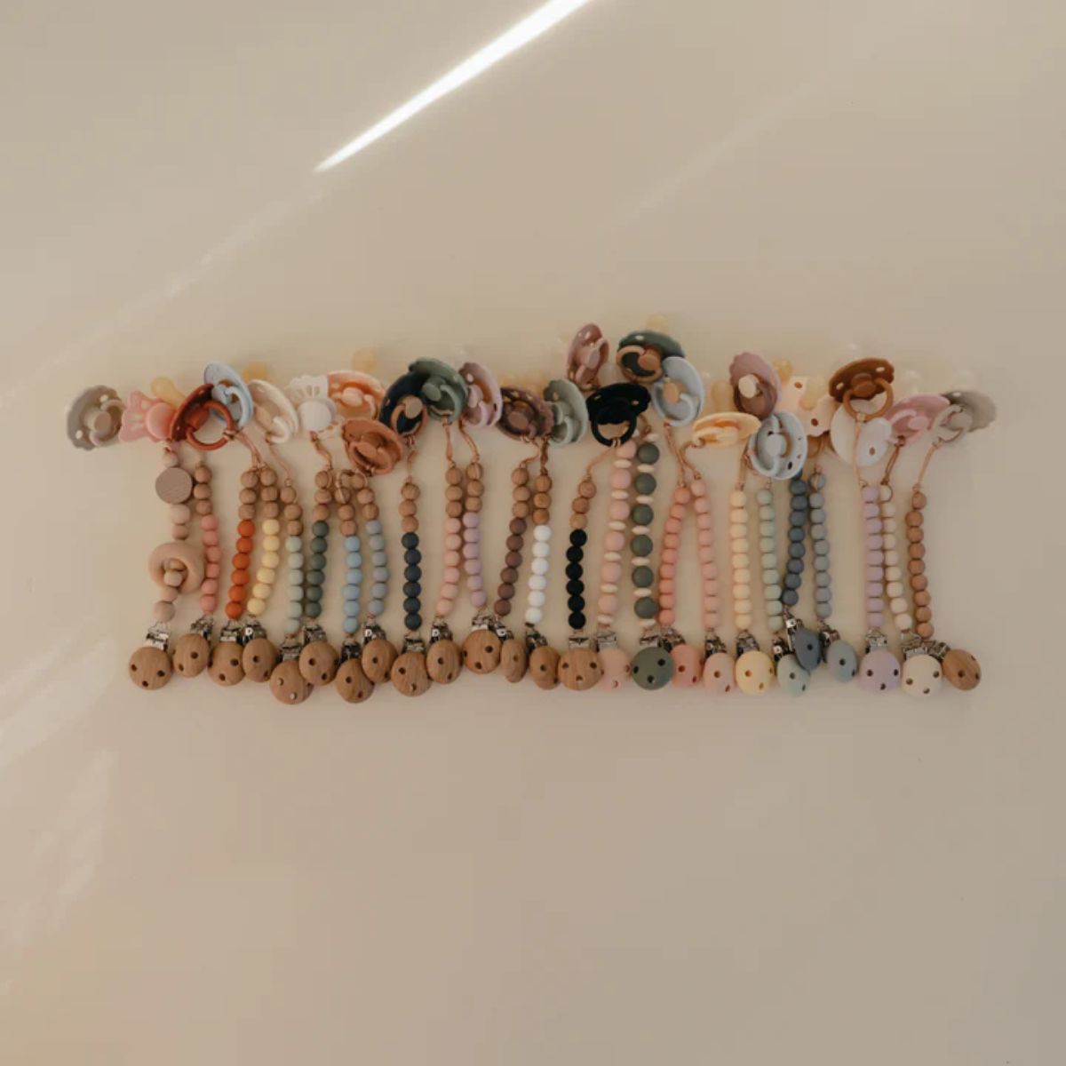 Mushie Silicone Pacifier Clip Luna - Faux Wood - Durable and Easy to Maintain